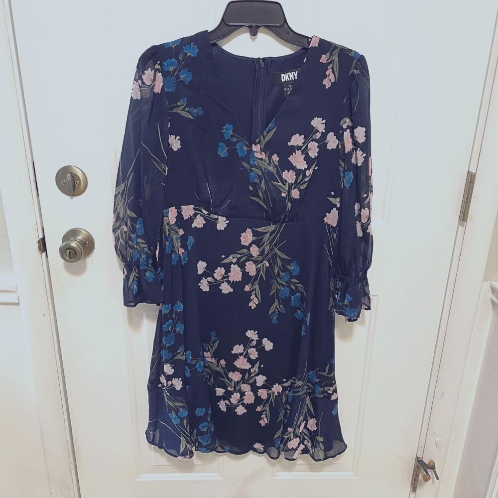 DKNY - V-Neck Navy Floral Midi Dress - Sheer Sleeves - Women's Size 10